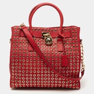 Pre Owned Michael Kors Red Leather Large N/S Grommet Hamilton Tote