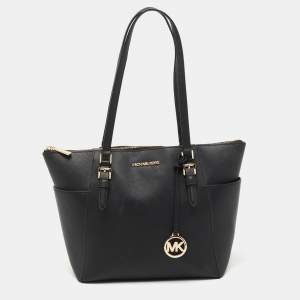 Pre Owned Michael Kors Black Leather Medium Jet Set Top Zip Tote
