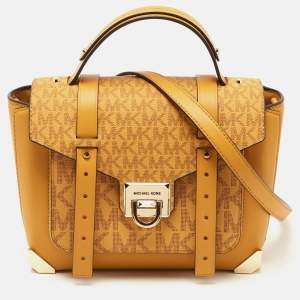 Pre Owned Michael Kors Yellow Signature Coated Canvas and Leather Manhattan Top Handle Bag