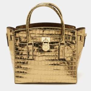 Pre Owned Michael Kors Gold Croc Embossed Leather Hamilton Studio Tote