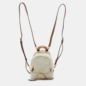 Michael Kors White/Tan Signature Coated Canvas and Leather Mini Rhea Backpack
