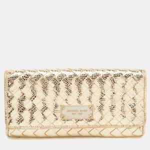 Michael Kors Gold Woven Laminated Leather Logo Flap Clutch