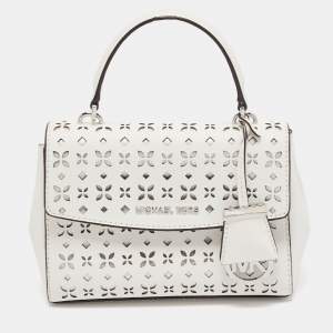 Pre Owned Michael Kors White Leather XS Laser Cut Ava Top Handle Bag