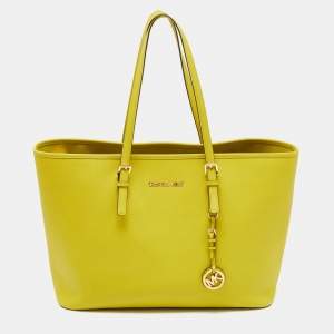 Pre Owned Michael Kors Lime Green Saffiano Leather Large Jet Set Travel Tote