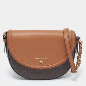 Pre Owned Michael Kors Brown/Tan Signature Coated Canvas And Leather Jet Set Charm Dome Crossbody Bag