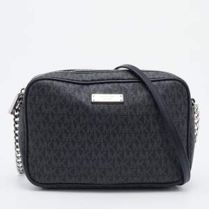Pre Owned Michael Kors Black/Grey Signature Coated Canvas and Leather Jet Set Camera Crossbody Bag