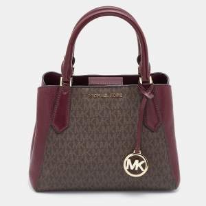 Pre Owned Michael Kors Brown/Burgundy Signature Coated Canvas and Leather Tote