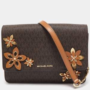 Michael Kors Brown Signature Coated Canvas and Leather Floral Daniela Shoulder Bag