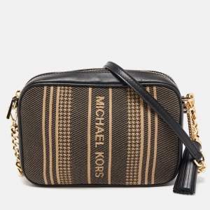 Pre Owned Michael Kors Black/Beige Canvas and Leather Logo Striped Crossbody Bag