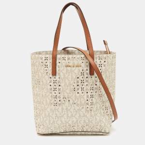 Pre Owned Michael Michael Kors White/Gold Laser Cut Leather Medium Hayley Tote