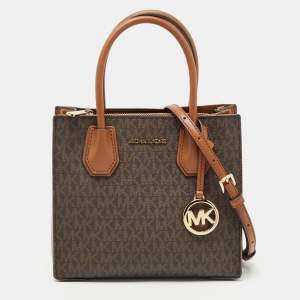 Pre Owned Michael Kors Brown Signature Coated Canvas and Leather Mini Mercer Tote