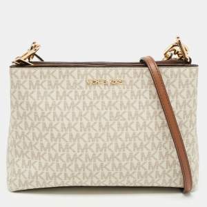 Pre Owned Michael Kors Off White/Brown Signature Coated Canvas and Leather Medium Trisha Crossbody Bag