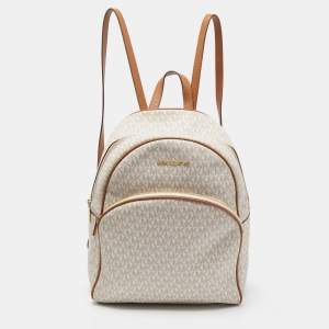 Michael Kors Beige/Tan Signature Coated Canvas and Leather Abbey Backpack