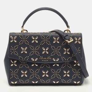 Pre Owned Michael Kors Navy Blue Studded Leather Medium Ava Top Handle Bag