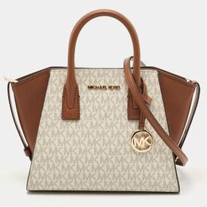 Pre Owned Michael Kors Brown/Off White Signature Coated Canvas and Leather Avril Satchel