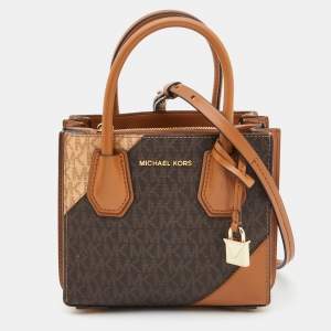 Pre Owned Michael Kors Brown/Tan Signature Coated Canvas and Leather Mercer Tote