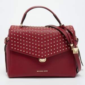 Pre Owned Michael Kors Red Leather Medium Studded Bristol Top Handle Bag