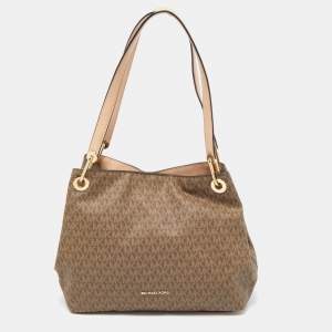 Pre Owned MICHAEL Michael Kors Beige/Brown Signature Coated Canvas and Leather Raven Shoulder Bag