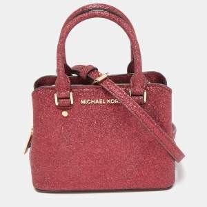Pre Owned Michael Kors Red Glitter Fabric XS Savannah Top Handle Bag