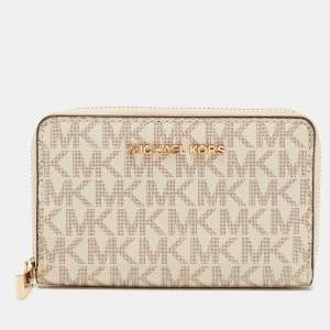 Pre Owned Michael Kors Off White/Grey Signature Coated Canvas Compact Zip Wallet