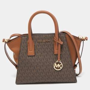 Pre Owned Michael Kors Brown Signature Coated Canvas and Leather Small Avril Satchel