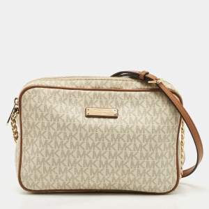 Pre Owned Michael Kors Tan/Off White Signature Coated Canvas and Leather Jet Set Camera Crossbody Bag
