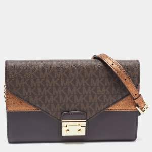 Pre Owned Michael Kors Brown Signature Canvas And Leather Sloan Wallet on Chain
