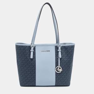 Pre Owned Michael Kors Dark Blue/Blue Signature Canvas And Leather Jet Set Tote
