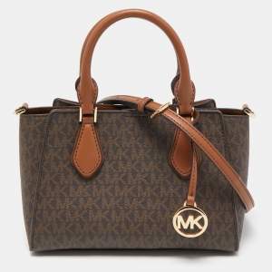 Pre Owned Michael Kors Brown Signature Coated Canvas and Leather Small Daria 2 in 1 Satchel