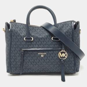 Pre Owned Michael Kors Blue Signature Coated Canvas and Leather Medium Carine Satchel