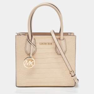 Pre Owned Michael Kors Beige Croc Embossed Leather Small Mercer Tote