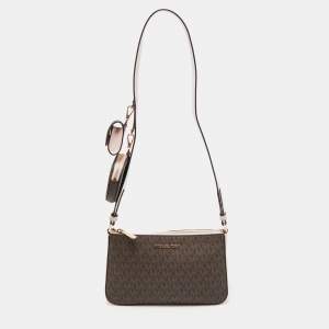 Pre Owned Michael Kors Pink/Brown Signature Coated Canvas Small Jet Set Travel Crossbody Bag