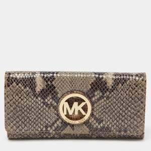 Pre Owned Michael Kors Grey Python Embossed Leather Flap Continental Wallet