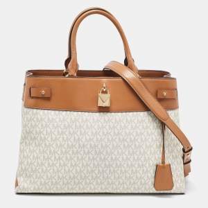 Pre Owned Michael Kors Beige/Tan Signature Coated Canvas and Leather Gramercy Tote