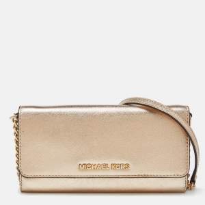 Michael Kors Gold Leather Jet Set Travel Wallet On Chain
