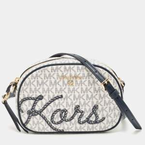 Pre Owned Michael Kors Blue/White Signature Coated Canvas and Leather Camera Bag