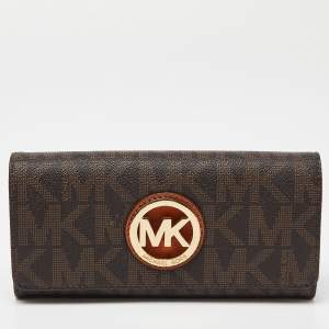 Pre Owned Michael Kors Beige/Brown Signature Coated Canvas Fulton Flap Continental Wallet