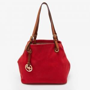 Michael Kors Red/Brown Canvas and Leather Large Raven Shoulder Bag