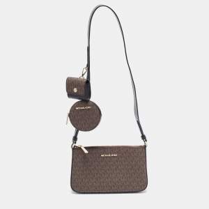 Pre Owned Michael Kors Brown/Black Signature Coated Canvas and Leather Jet Set Travel Crossbody Bag