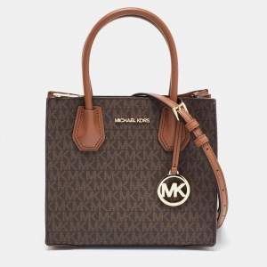 Pre Owned Michael Kors Brown Signature Coated Canvas and Leather Mini Mercer Tote