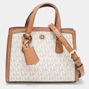 Pre Owned Michael Kors Brown/White Signature Coated Canvas and Leather Extra Small Chantal Tote  