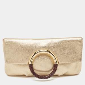 Michael Kors Gold Leather Skorpios Foldover Clutch