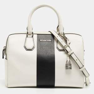 Michael Kors White/Black Leather Medium Center Stripe Mercer Duffle Bag