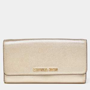 Michael Kors Gold Leather Jet Set Travel Wallet On Chain