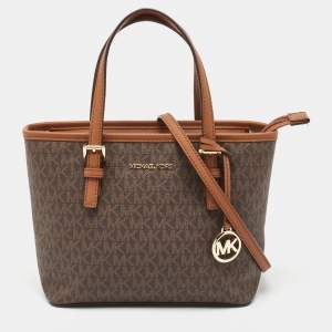Michael Kors Brown Signature Coated Canvas and Leather Jet Set Carryall Tote
