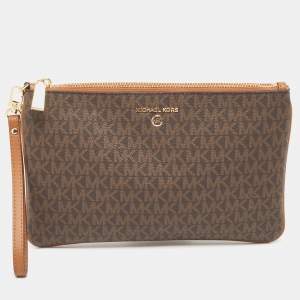 Michael Kors Brown/Tan Signature Coated Canvas Zip Wristlet Pouch