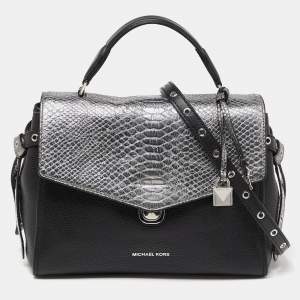 Michael Kors Black/Silver Leather and Snakeskin Embossed Leather Medium Bristol Top Handle Bag