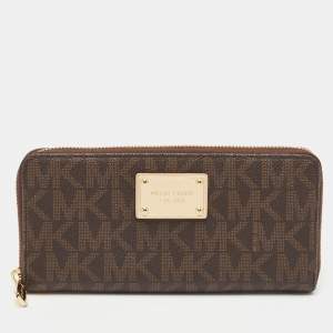 Pre Owned Michael Kors Brown Signature Coated Canvas Logo Zip Around Wallet