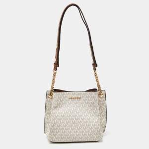 Michael Kors White/Brown Signature Coated Canvas and Leather Small Teagen Bag   