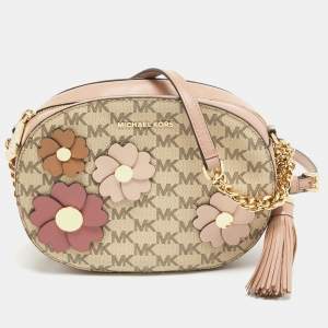 Pre Owned Michael Kors Old Rose/Beige Signature Coated Canvas and Leather Floral Applique Ginny Crossbody Bag